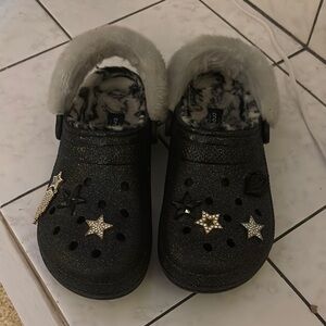 Black Glitter Crocs with Star/Disco Accents